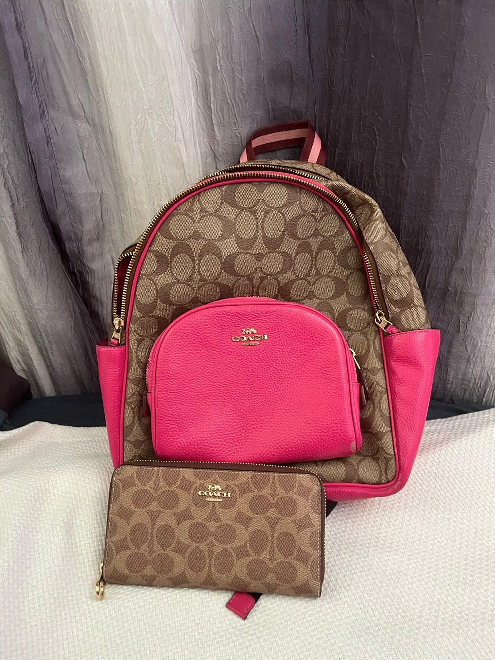 Coach Brown Signature Canvas Backpack with Pink Leather Accents and wallet